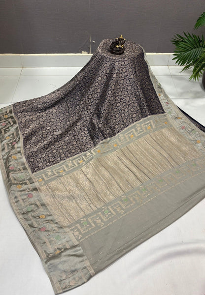 Banarasi Brocade Silk Saree-Navy Blue with Contrast Border