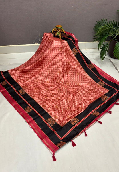 Semi Tussar Saree-Red with Podi Kattam