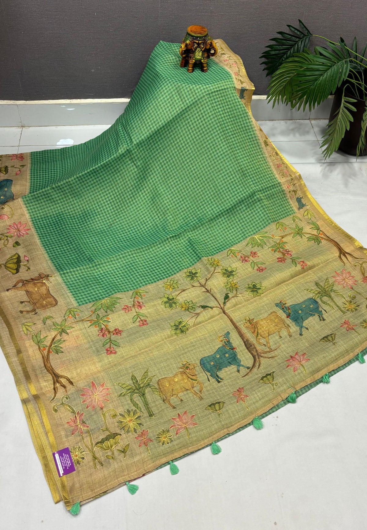 Tissue Linen Saree-Green in Pichwai Art Printed Border