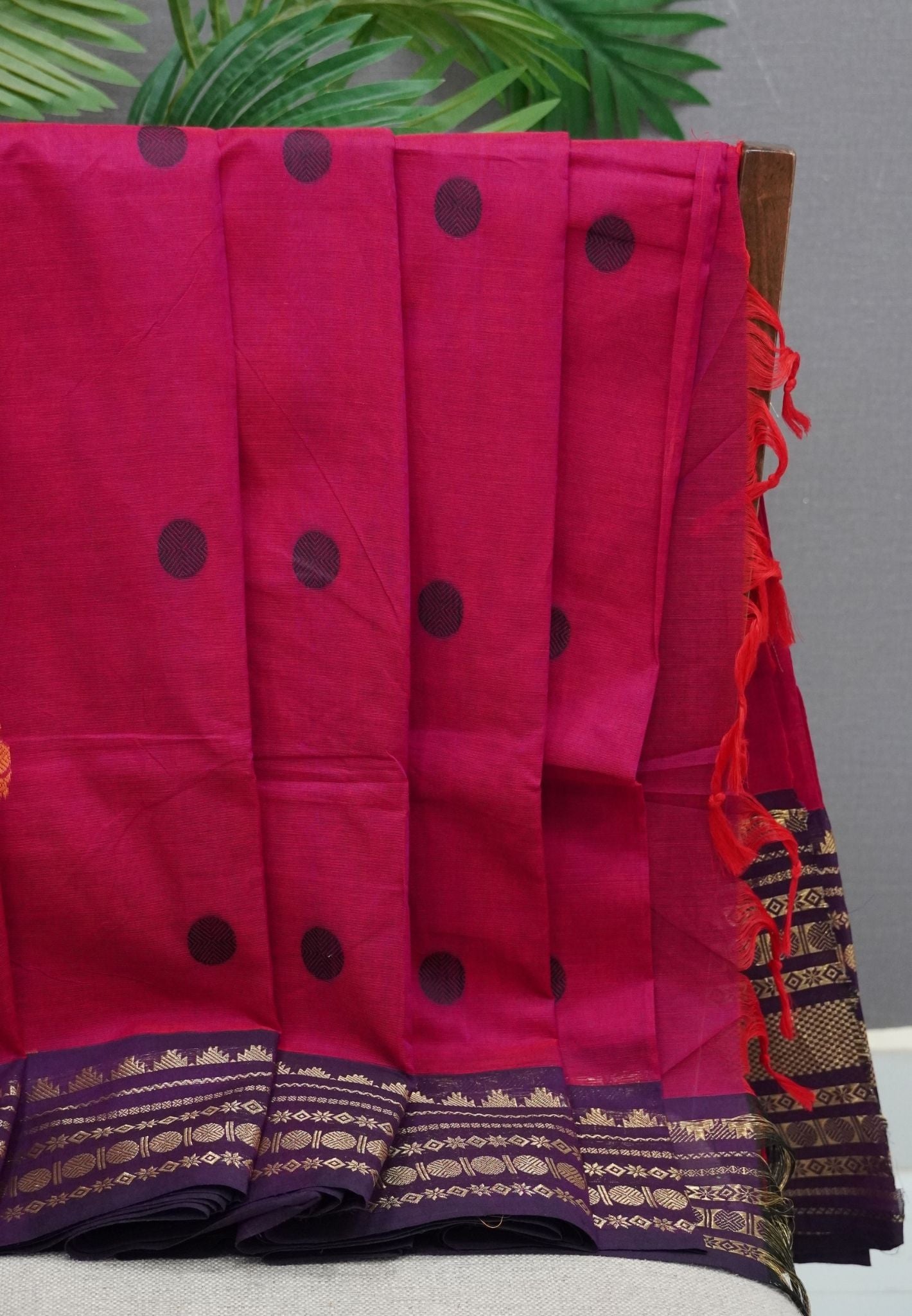Chettinad Cotton Saree–Rani Pink with Temple Zari Border