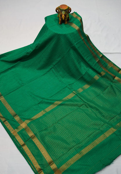 Semi Raw Silk Saree – Classic Zari Stripes - Teal Green