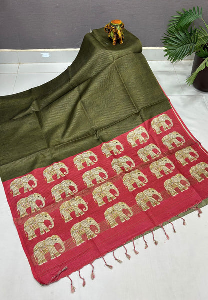 Tussar Saree-Army Green In Elephant Motif Border
