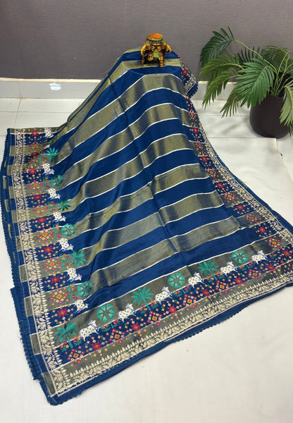 Satin Crepe Saree-Blue In Komatha Floral Border