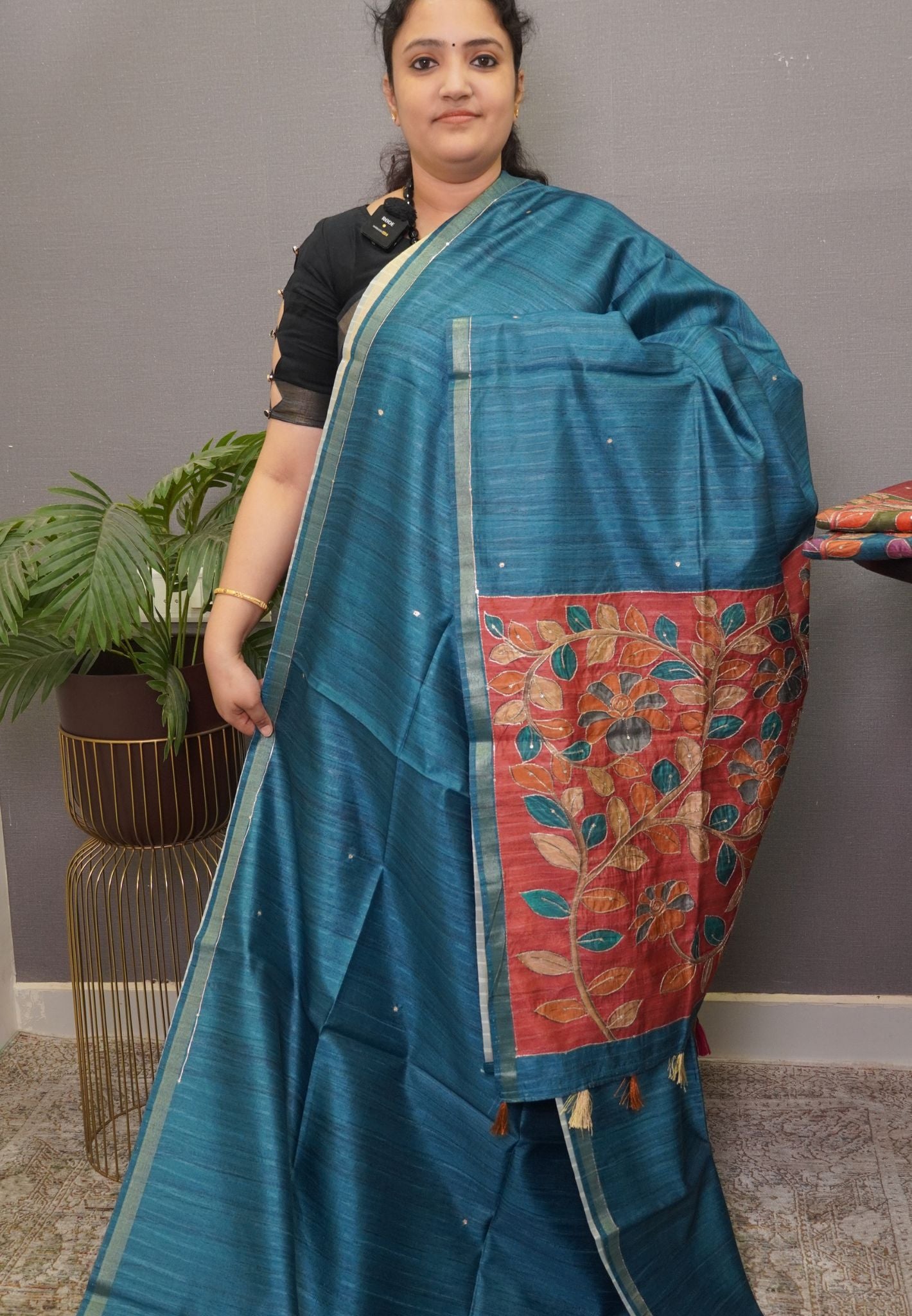 Semi Tussar Saree - Mayil Katch Work Peacock Blue