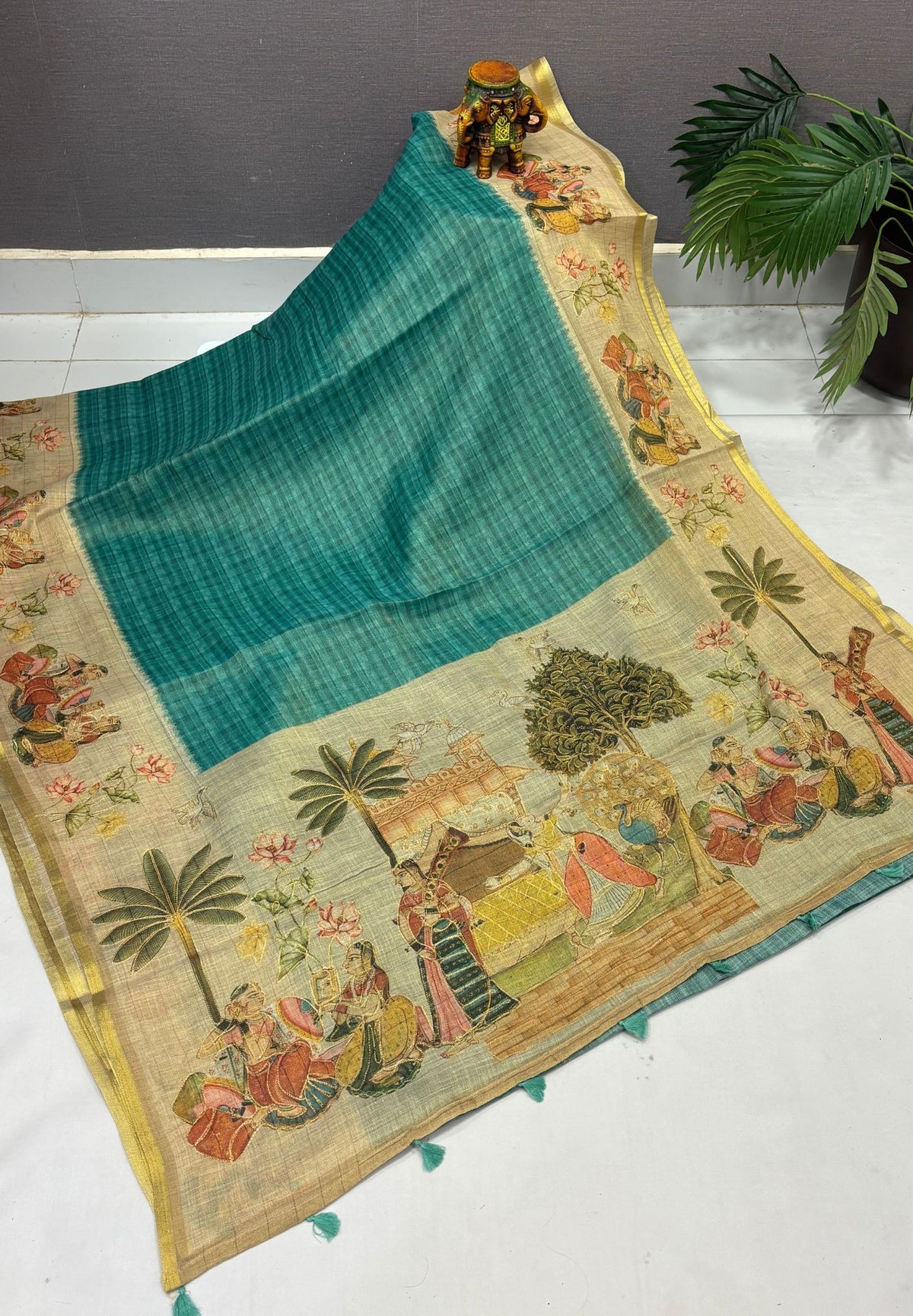 Tissue Linen Saree-Teal Green in Traditional Folk Art Printed Border