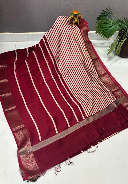 Pure Chanderi Saree-Red in Antique Zari Floral Brocade Border