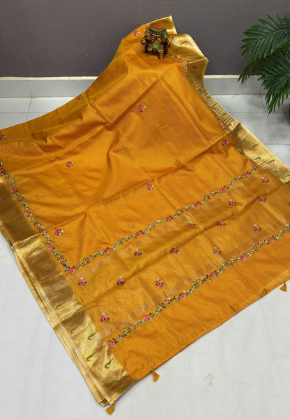 Kota Saree-Mustard In Floral Zari Vine Border