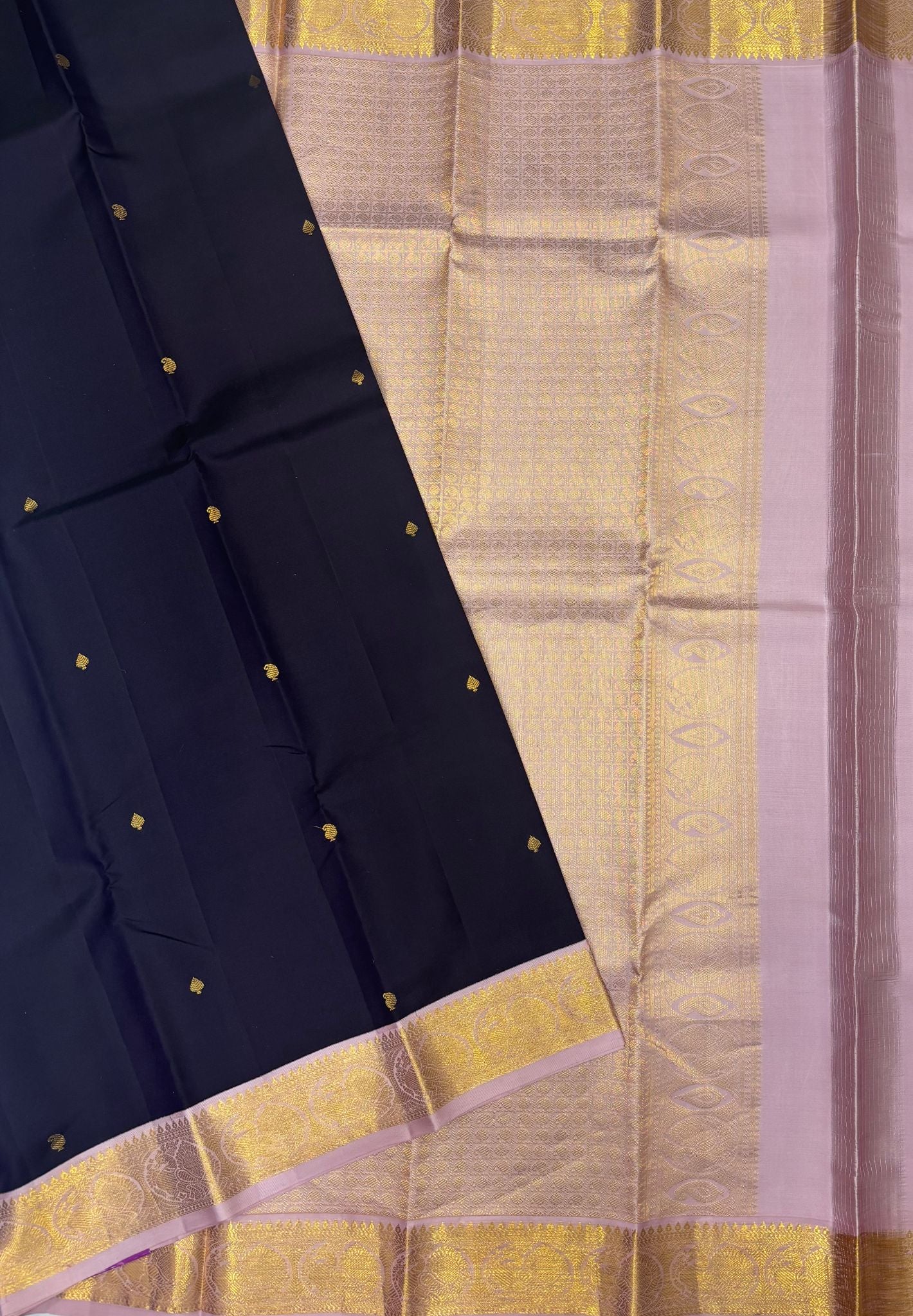 Pure Kanchipuram Silk Saree - Dark Purple with Contrast Korvai Border