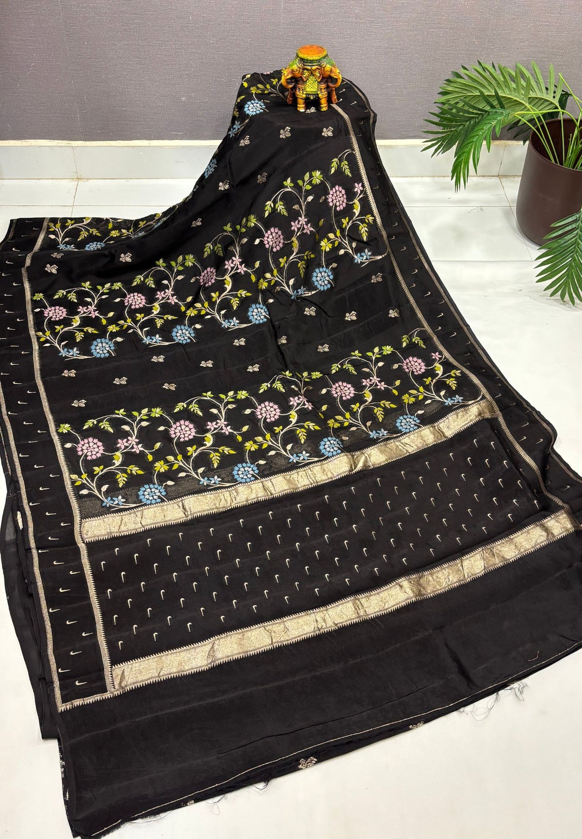 Satin Organza Saree-Black In Paithani Floral Zari Border