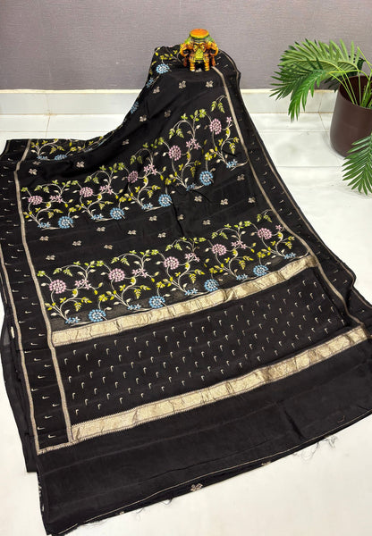 Satin Organza Saree-Black In Paithani Floral Zari Border