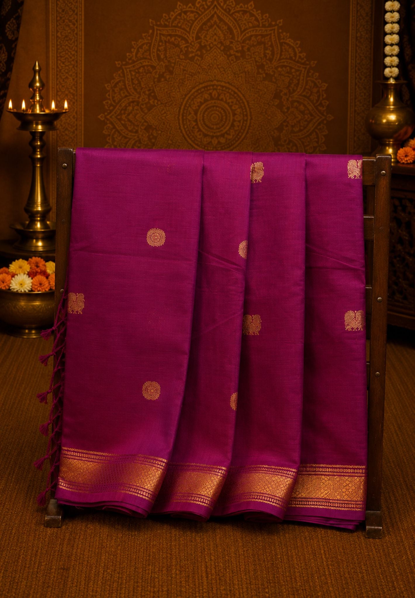 Chettinad Cotton Saree-Magenta With Diamond Jaal Zari Border