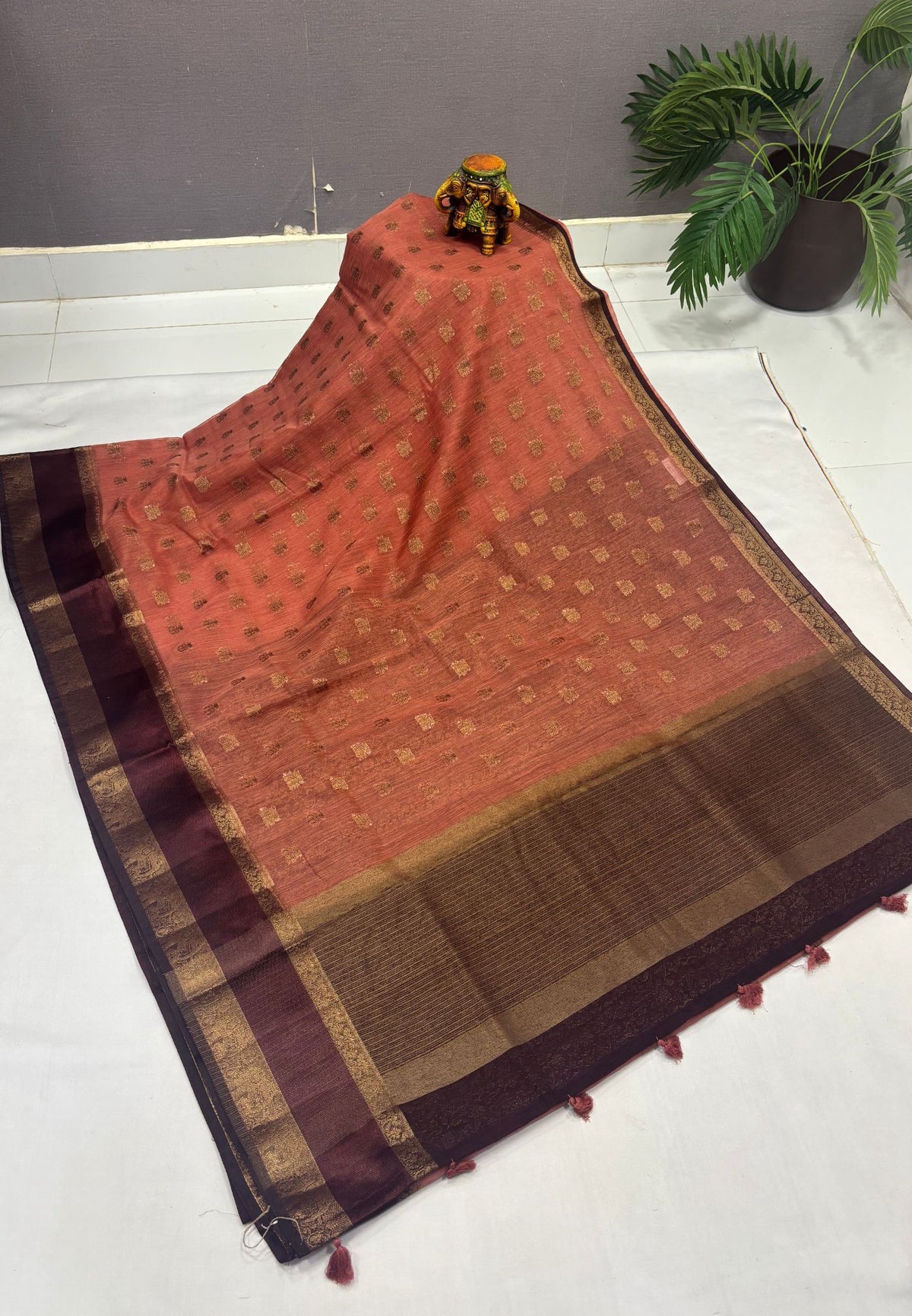 Bamboo Silk Saree-Brick Red-Brown Retpet Border