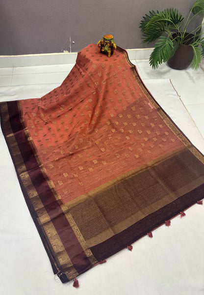 Bamboo Silk Saree-Brick Red-Brown Retpet Border