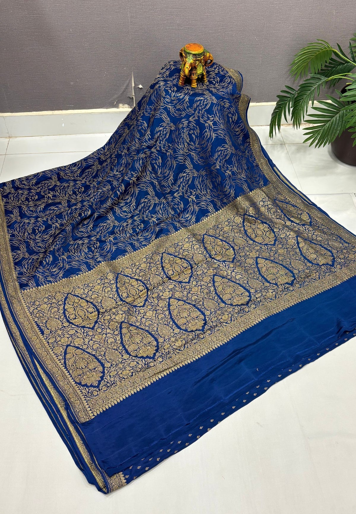 Pure Banarasi Kaddi Georgette Saree-Peacock Blue In Paisley Floral Jaal Zari Border