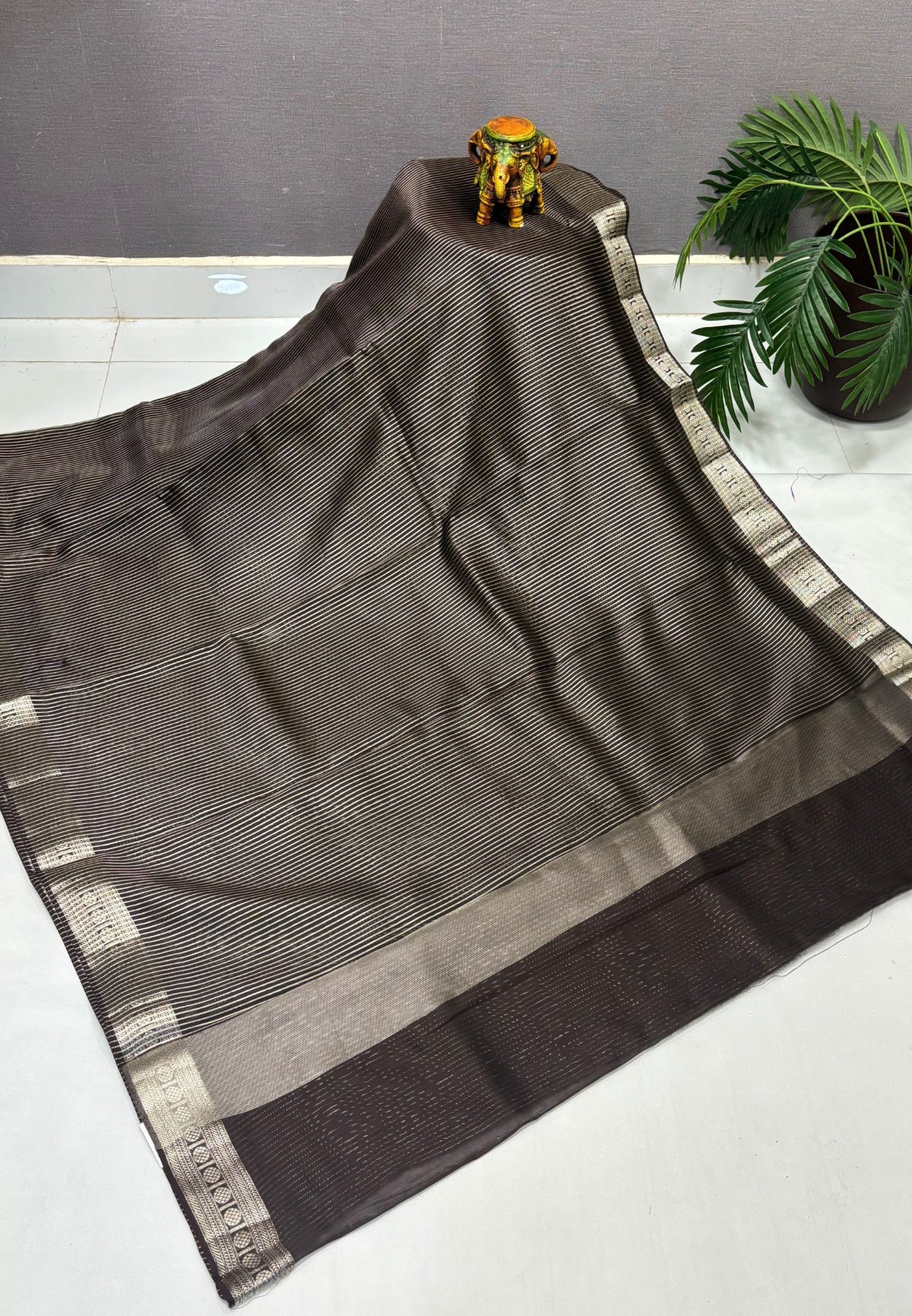 Chanderi Saree-Coffee Brown in Fine Stripe Zari Border