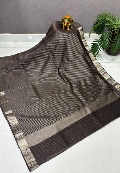 Chanderi Saree-Coffee Brown in Fine Stripe Zari Border