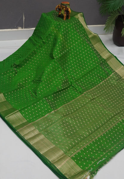 Semi Tussar Saree-Light Green with Golden Zari Bud Buttas