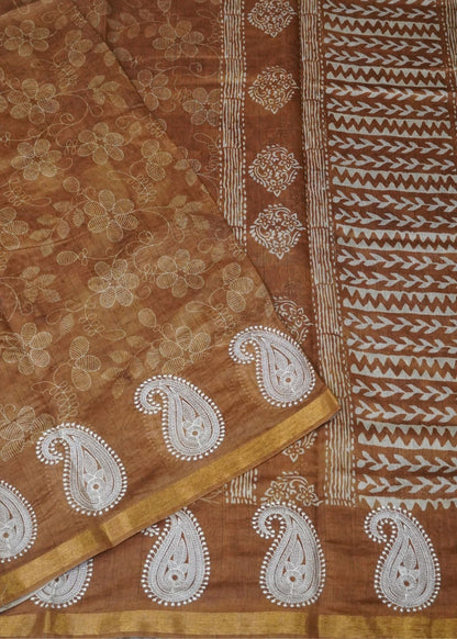Semi Chanderi Saree-Khaki with Manga Embroidery