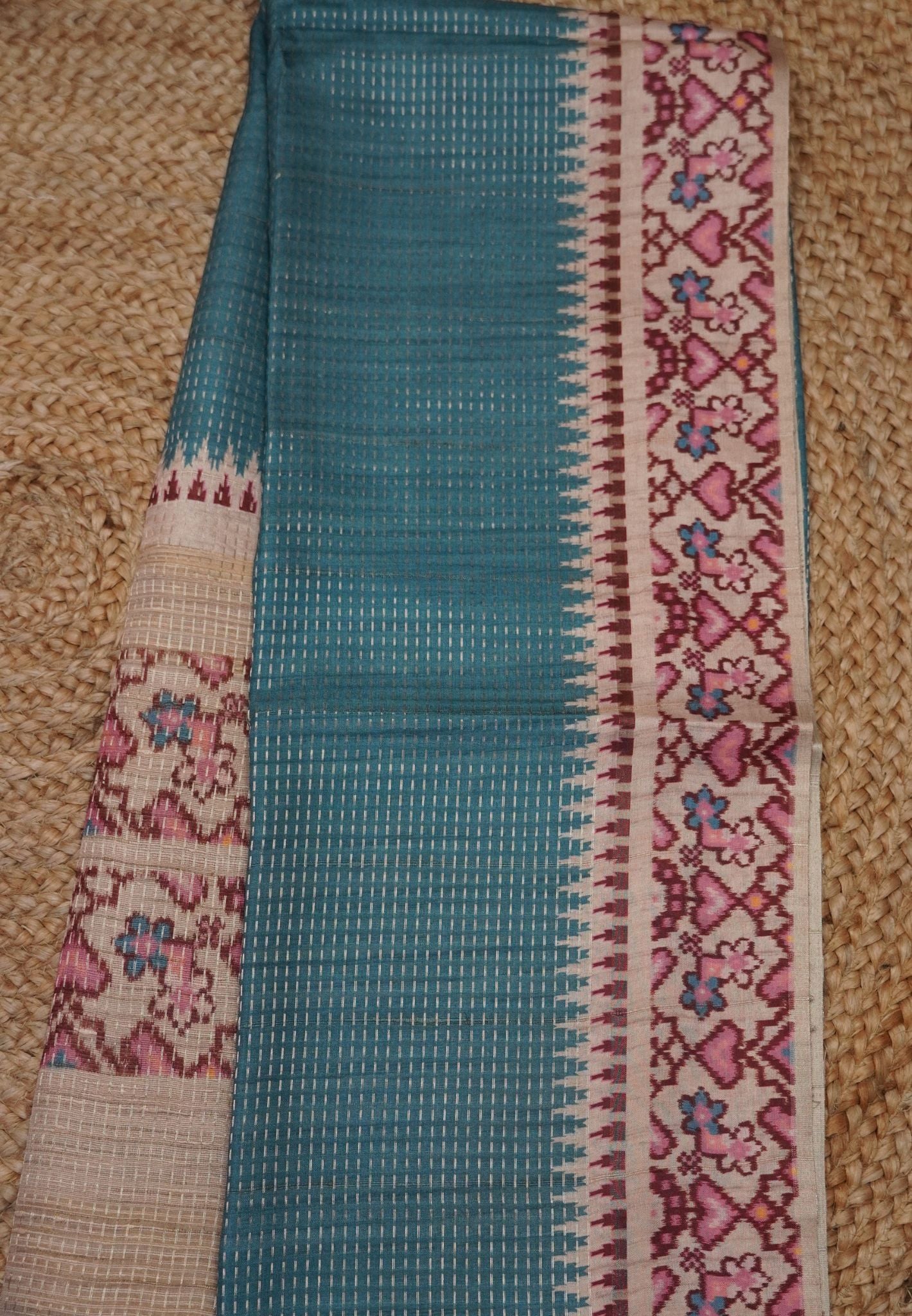 Semi Tussar Saree -Blue with Ikkat Border