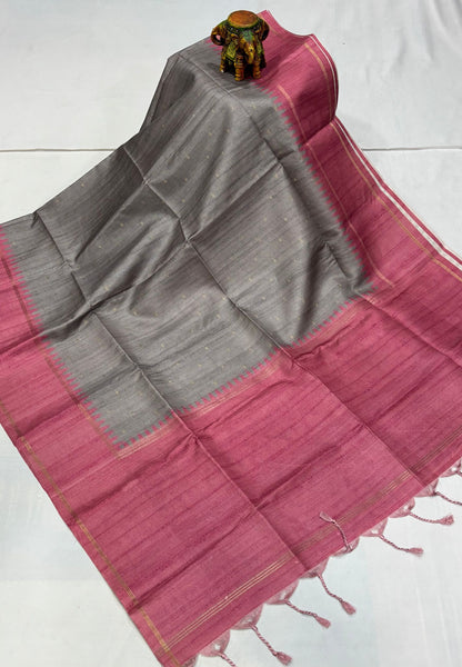Semi Tussar Saree-Grey with Plain Zari Border