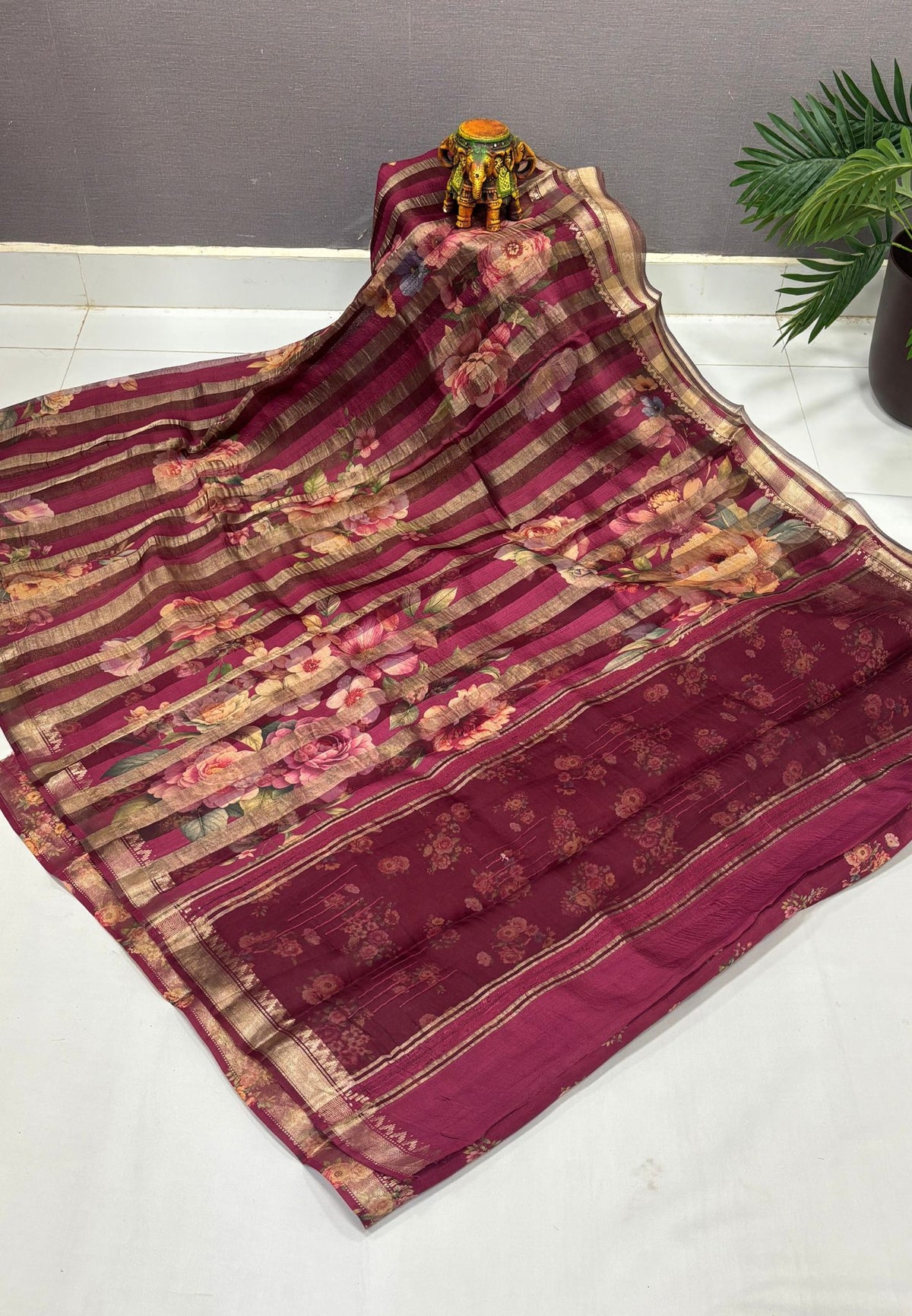 Pure Organza Tussar Saree-Wine In Multi-Stripe Zari Border