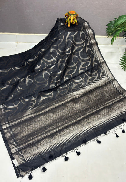Tissue Silk Saree-Black In Abstract Loop Zari Border
