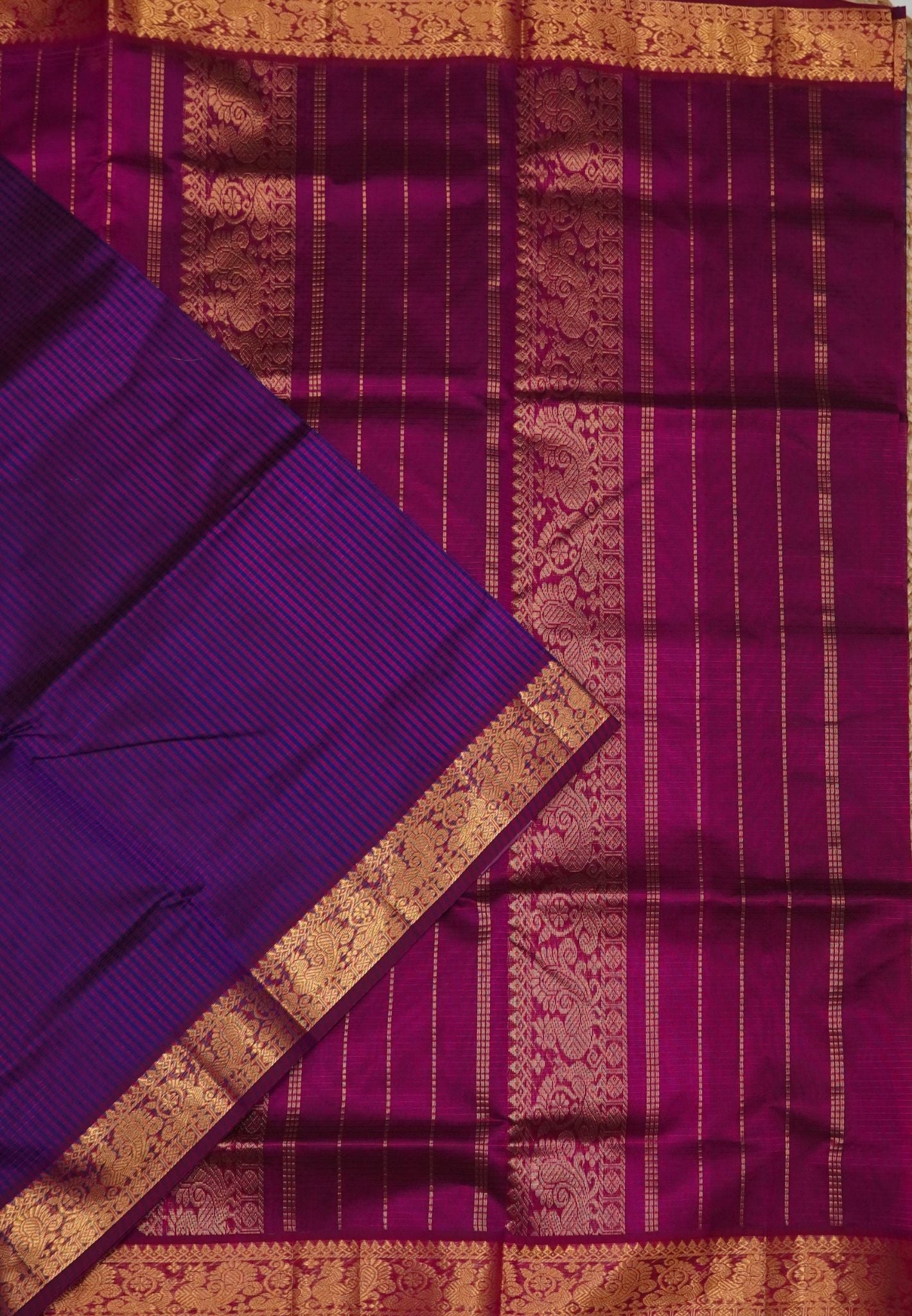 Pure Silk Cotton Saree-Magenta Stripes with Zari Woven Border