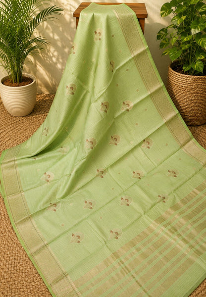 Semi Tussar Saree-Baby Green with Floral Zari Motif