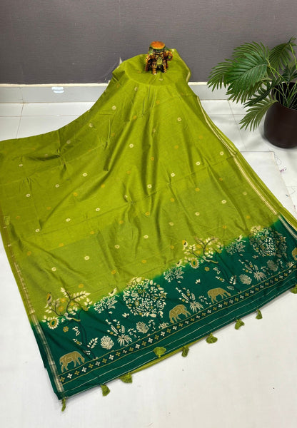 Gaji Silk Saree-Olive Green In Warli Tree & Elephant With Contrast Border