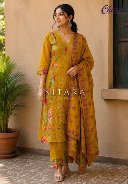 3 Pcs Floral Kurti Set with Cutwork