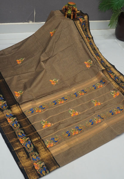 Chettinad Cotton Saree- Beige with Meenakshi Tanjore Print