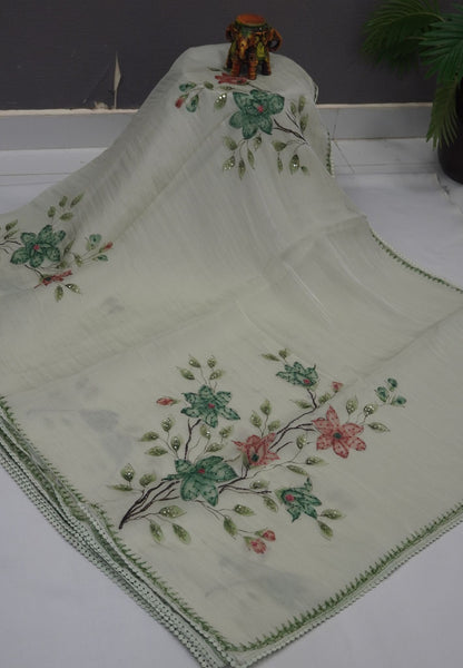 Crush Organza Saree-Muted Green with French Knot