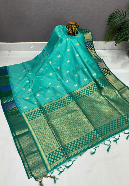 Raw Silk Saree-Teal Green In Brocade Floral Panel Border