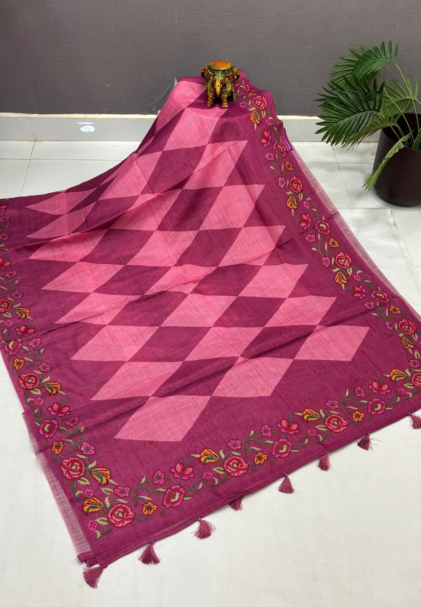Tissue Linen Saree-Pink In Cross Stitch Floral Border
