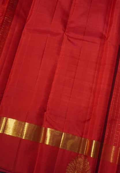 Pure Kanchipuram Silk Saree-Red Zari checks with Peacock Border