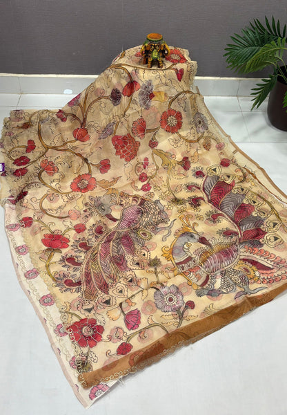Pure Organza Saree-Dark Beige In Floral Scallop Lace Border