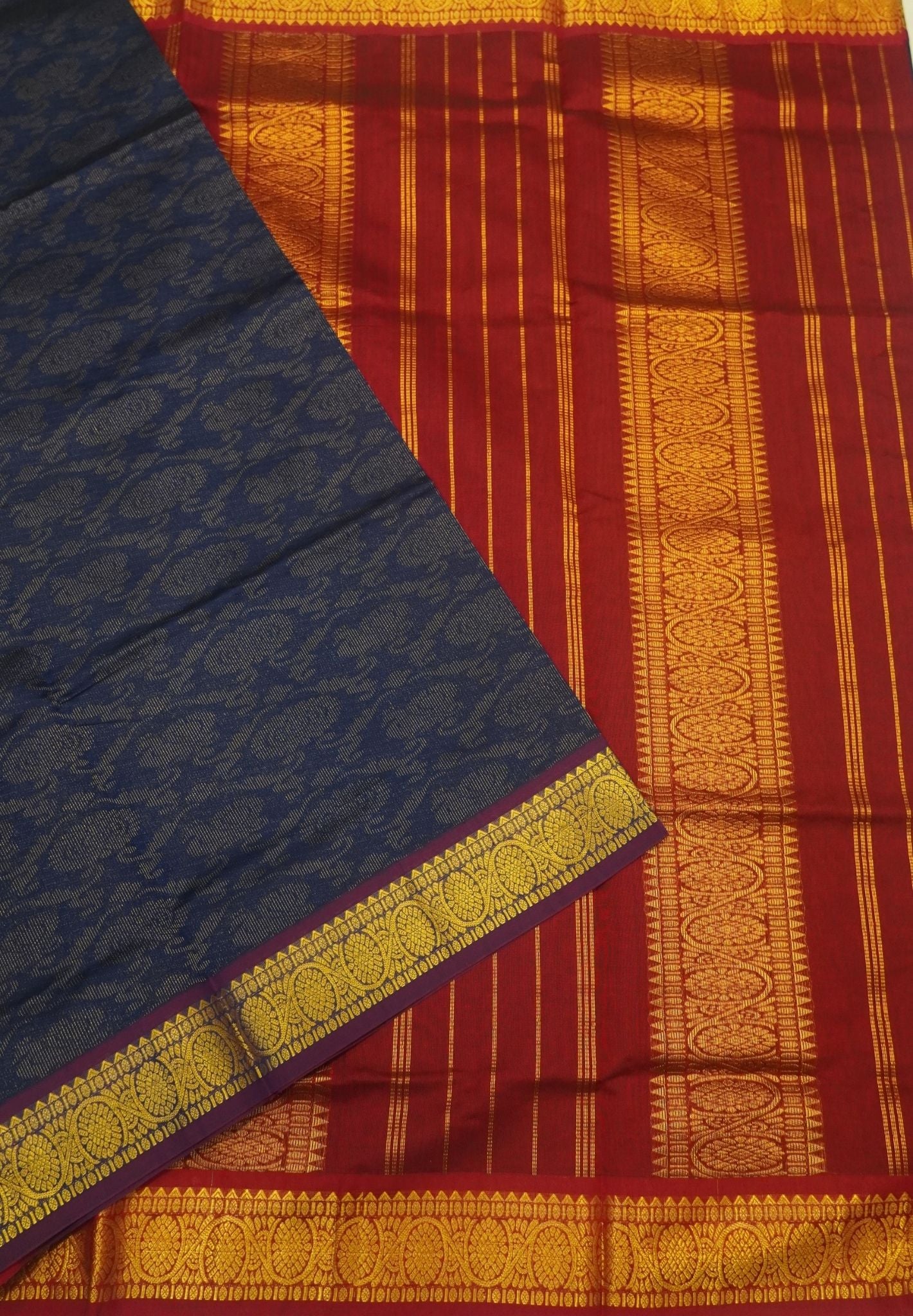 Pure Silk Cotton Saree-Navy Blue-Maroon Zari Emboss With Contrast Border