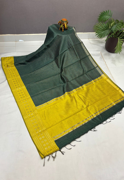 Raw Silk Saree-Bottle Green in 1000 Butta with Contrast Zari Border