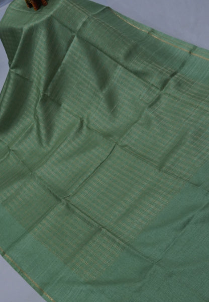 Matka Tussar Saree-Pista Green with Zari Checks