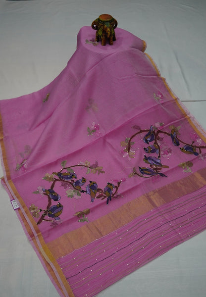 Kota Saree with Bird Embroidery Work - Pink