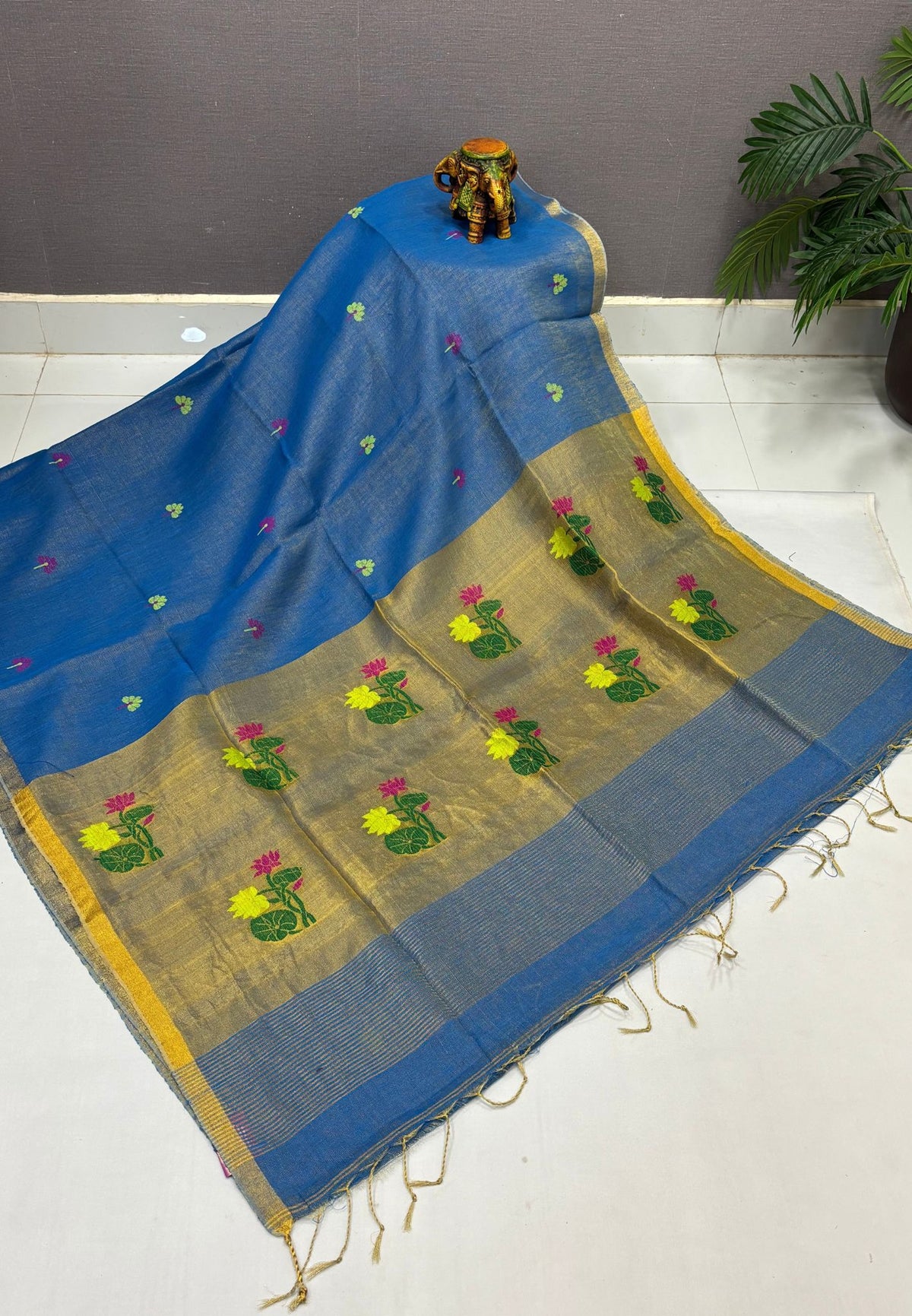 Tissue Silk Saree-Sulphat Blue In Lotus Motif Border