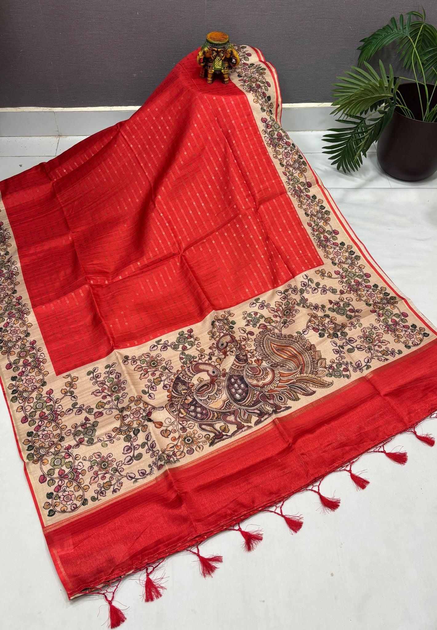 Semi Tussar Saree-Brick Red in Kalamkari Peacock Floral Border