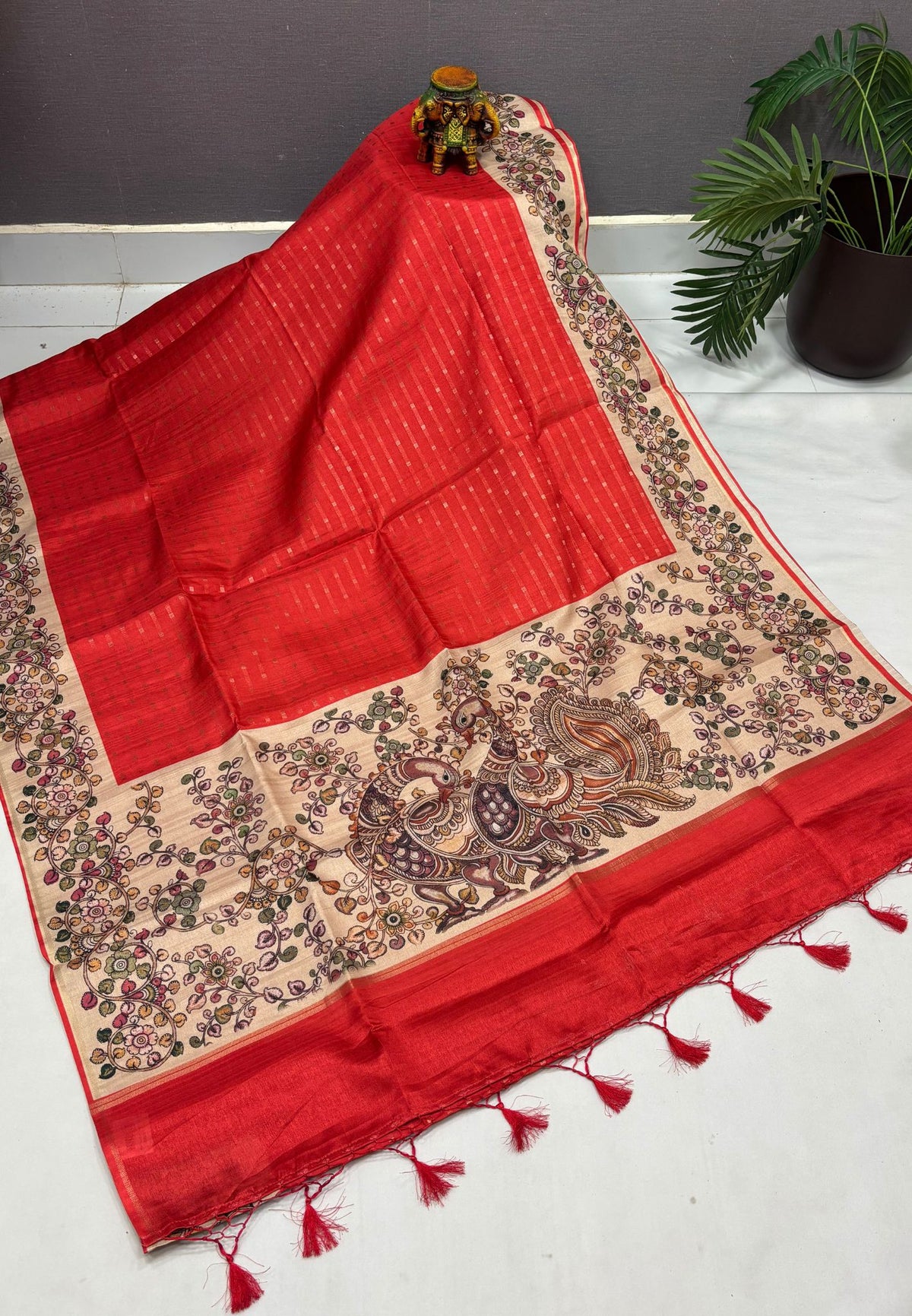 Semi Tussar Saree-Brick Red in Kalamkari Peacock Floral Border