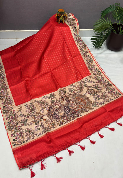 Semi Tussar Saree-Brick Red in Kalamkari Peacock Floral Border
