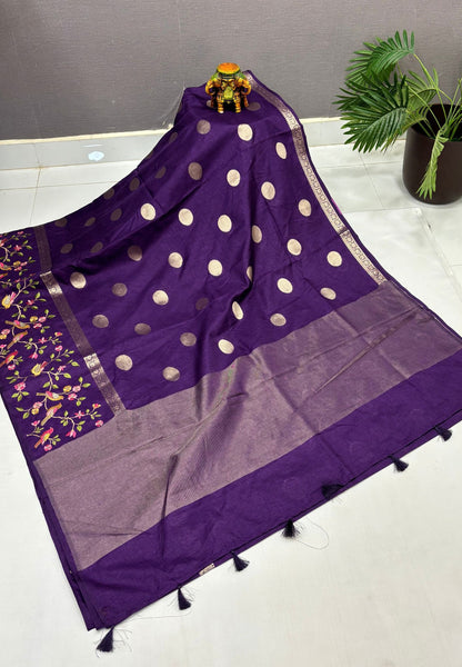 Tussar Saree-Violet In Bird & Floral Border