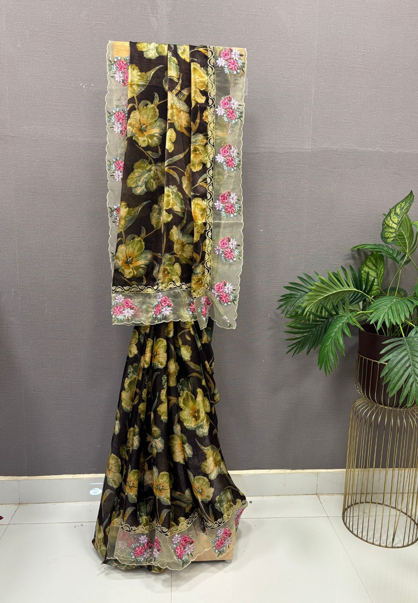 Designer Saree-Brown with Floral Hand Paint