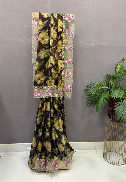 Designer Saree-Brown with Floral Hand Paint