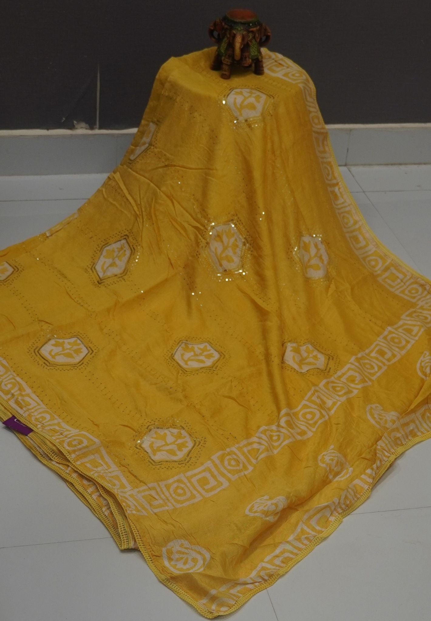 Batick Cotton Saree- Yellow with Sequence Work