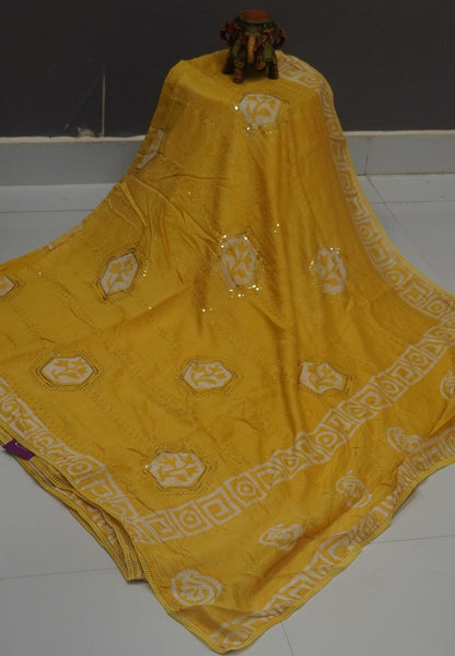 Batick Cotton Saree- Yellow with Sequence Work