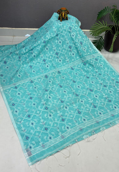 Handloom Cotton Saree-Teal Green in Diamond Pattern Border